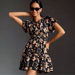 Anthropologie Somerset Floral Mini Dress Black Smocked Waist Ruffle M